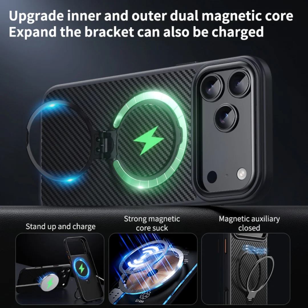 Premium Carbon Fiber Anti-Scratch Case with 360° Rotating Bracket Holder and MagSafe Compatibility