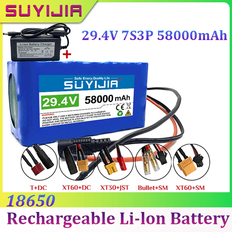 

New 18650 Rechargeable Lithium Battery Pack 29.4V 7S3P 58000mAh with Built-in BMS Protection Board for Electric Bicycle Scooter