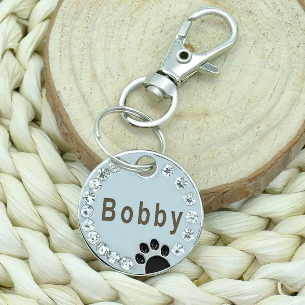 25mm Metal Blank Dog Tag Paw Rhinestone Pet Cat ID Name Engraved Key Ring  Chain Pet