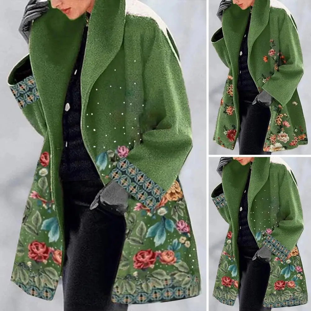 

2023 Winter Women Elegant Blend Wool Coat Autumn Street Lady Long Cardigan Coats Fashion Floral Print Pocket Long Sleeve Jacket