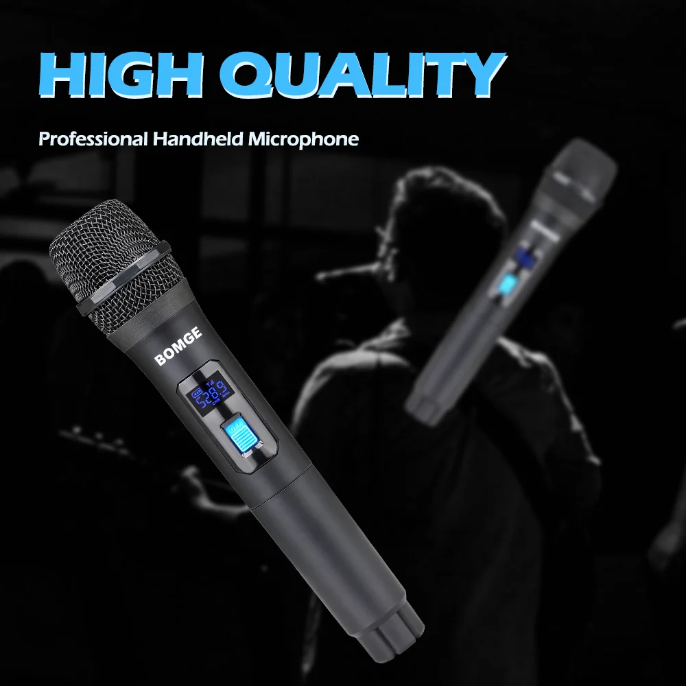 무선 마이크 시스템 BOMGE Pro 4 채널 무선 마이크 세트(4개의 핸드헬드 마이크 포함) 고정 주파수 장거리 200ft 가라오케