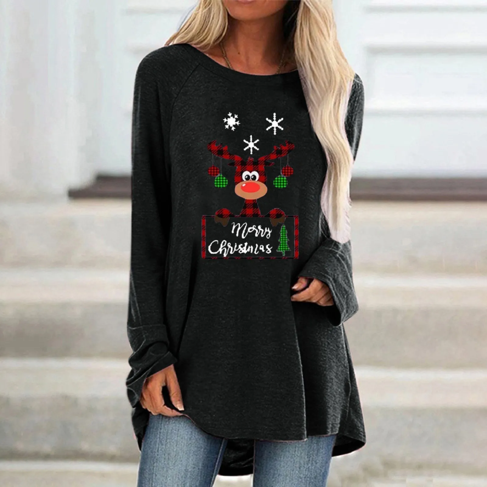 

Christmas Women T Shirt Xmas Print Round Neck Long Sleeved Blouse Female O Neck Tops Black Xmas Vantage Overcoat Female Hoodies