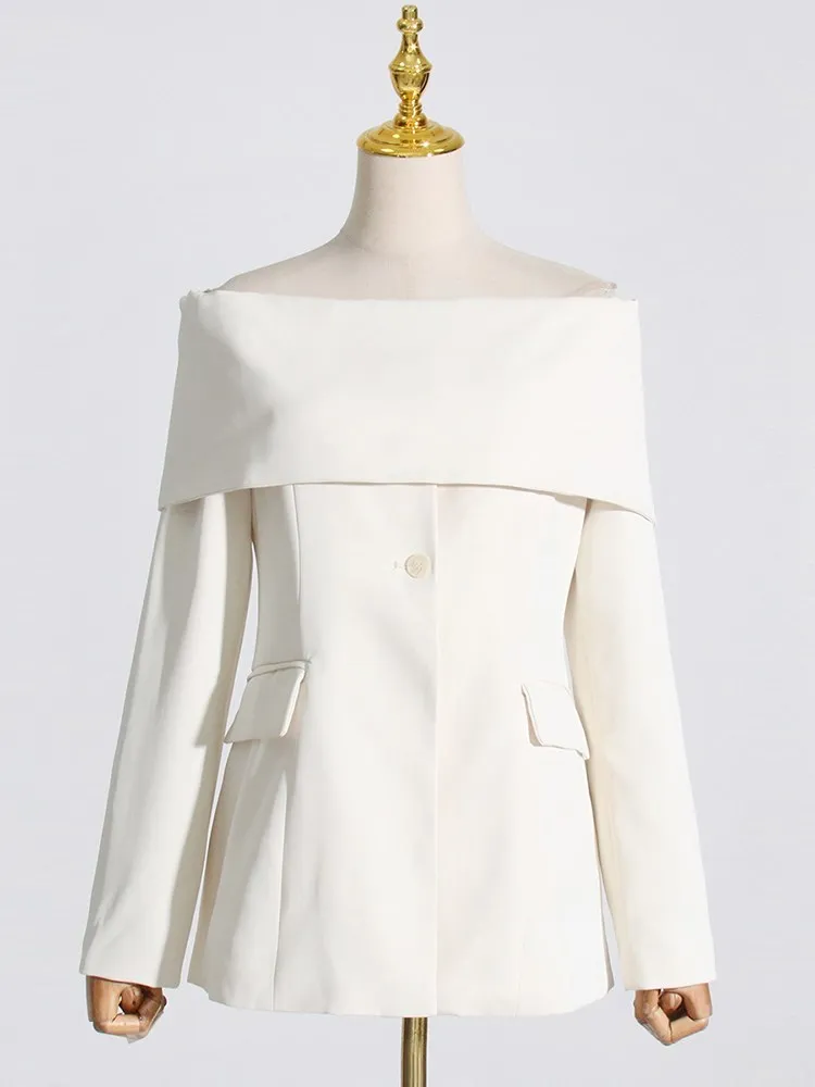 BPN Temperament Soild Blazer For Women Slash Neck Long Sleeve Off Shoulder Backless Patchwork Single Buttom Blazer Female New