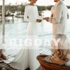 Elegant Mermaid Wedding Dresses Long Sleeve O-Neck Open Back Simple Button Satin Bridal Gown Train Vestidos De Noiva Customized 3
