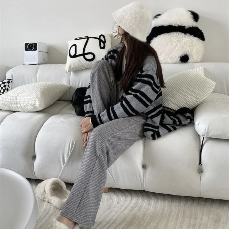 

Autumn Winter New Knitted Cashmere Press Crepe Straight Leg Moped Pant Horizontal Stripe Texture Pocket Thin Wide Leg Pants Wear