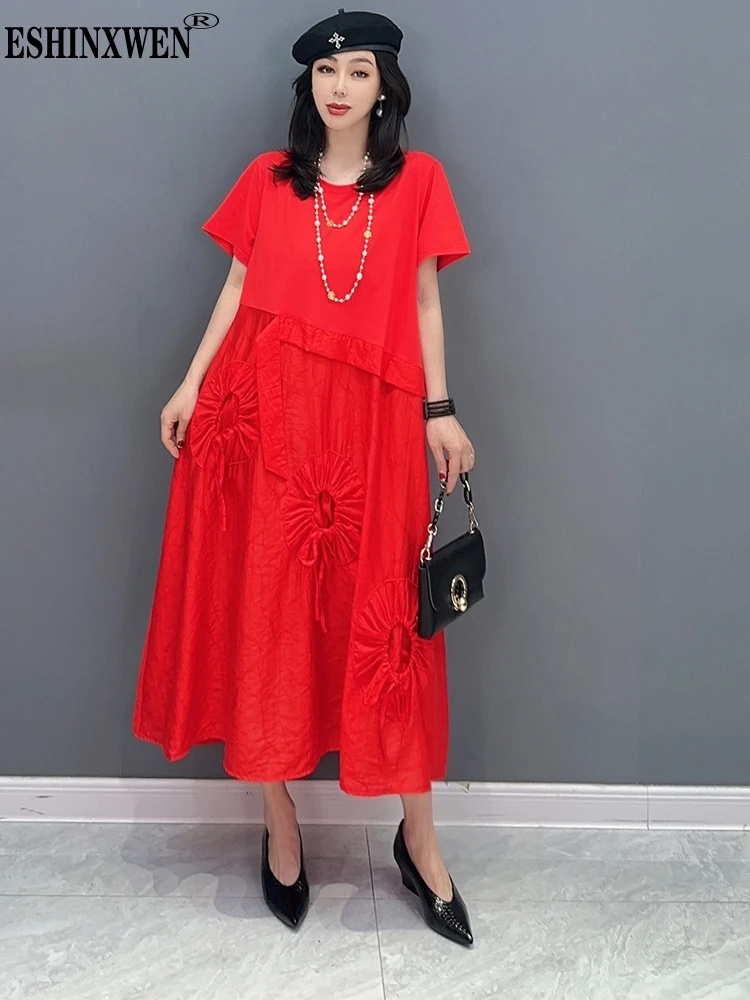 

Eshin Round Collar Short Sleeve Patchwork Loose Waist Dress For Women 2023 Summer Fashion Female New Versatile Dresses TH3268