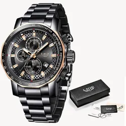 LIGE Luxury Men's Sport Chronograph Watch - Full Steel, Waterproof, Big Dial (Black)