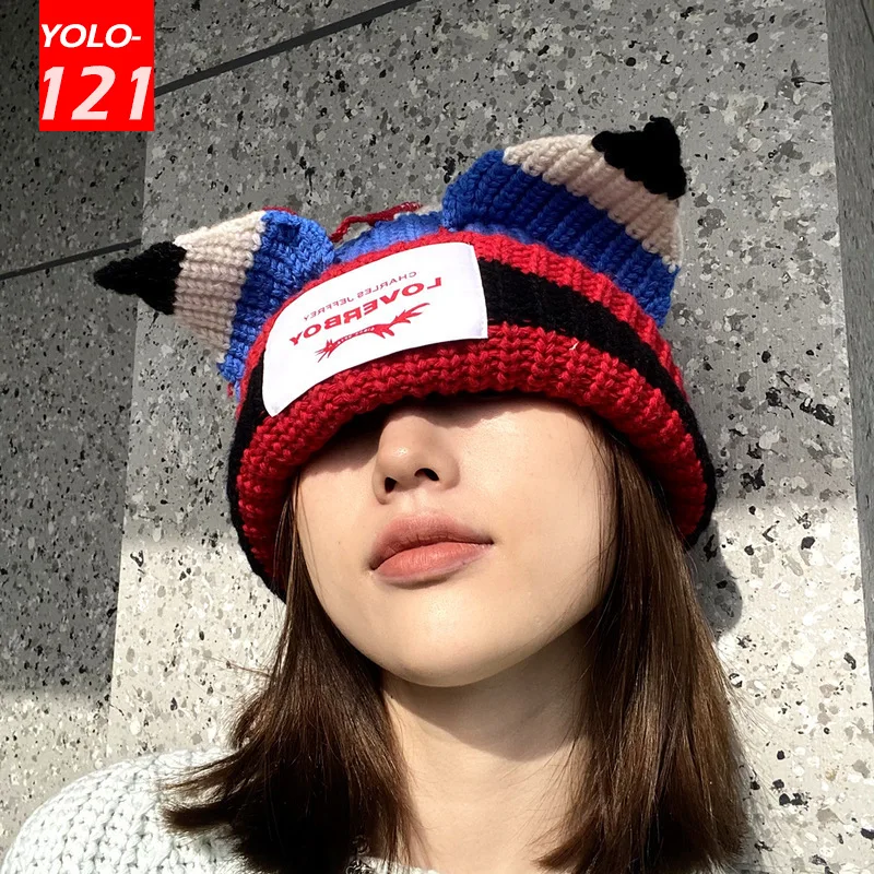 Loverboy Cat Ear Knit Hat Double-layer 