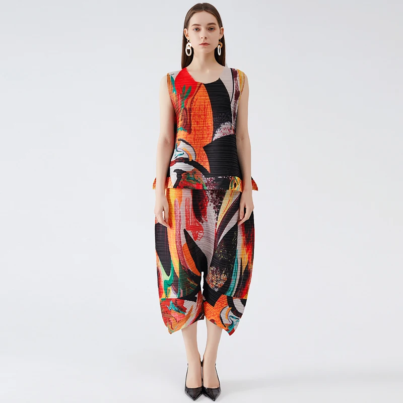 Miyake Pleated Women 2021 Summer Vintage Aesthetic Printed Shorts Sets Two Piece Sleeveless Top Harlan Wide Leg Harem Pants