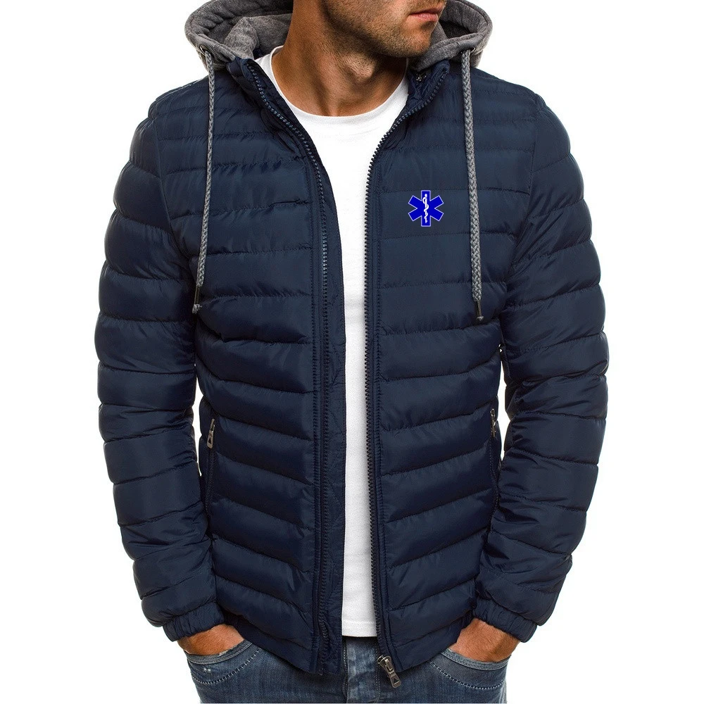 EMT Emergency Ambulance 2023 Men's New Winter Warmer Waterproof Autumn Thick Hooded Fashionable Print Casual Slim Jackets Coats