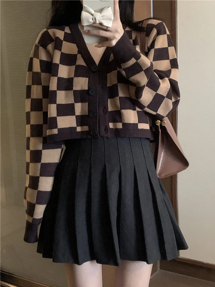 

Lazy Retro Y2k Loose Plaid Sweater Women's Sweaters Japanese Kawaii Ulzzang Female Korean Harajuku Cute Clothing For Women