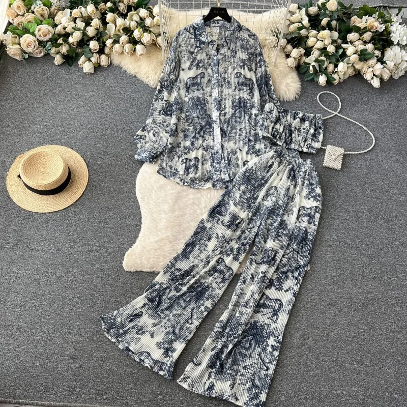 Ladies' Suit Spring Summer Loose Pleated Shirt Bustier Draped High-waisted Pants Printed Lapels Single-breasted Three-piece Suit