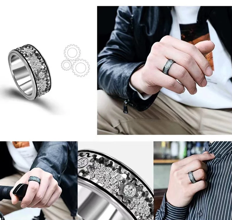 Stainless Steel Gear Wheel Style Ring CZ Zircon Rotating Relieve Stress Artifact Circle For Men Women Unisex-Adult Ring Jewelry 6