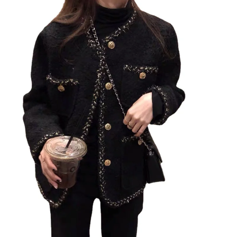 

Chic Mix Woolen Trench Coat for Women - French and Korean Style, Handwoven Casual Short Coat with Gold Silk Thread