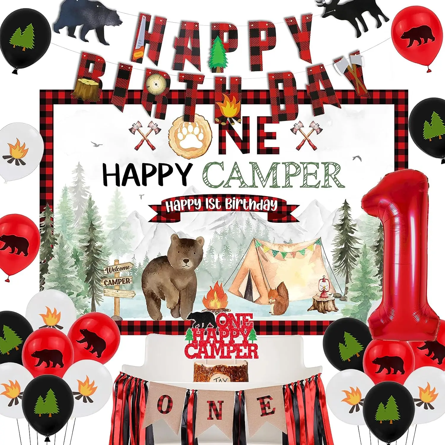 

One Happy Camper Birthday Party Decorations, Backdrop, Cake Topper, Banner, Lumberjack Balloons, Adventure, Camping, Boys, 1st B