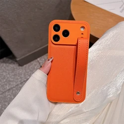 Elegant Leather Candy Stand Wrist Strap Case with Silicone Cover and Hand Band Holder - iPhone 15 Plus (Orange)