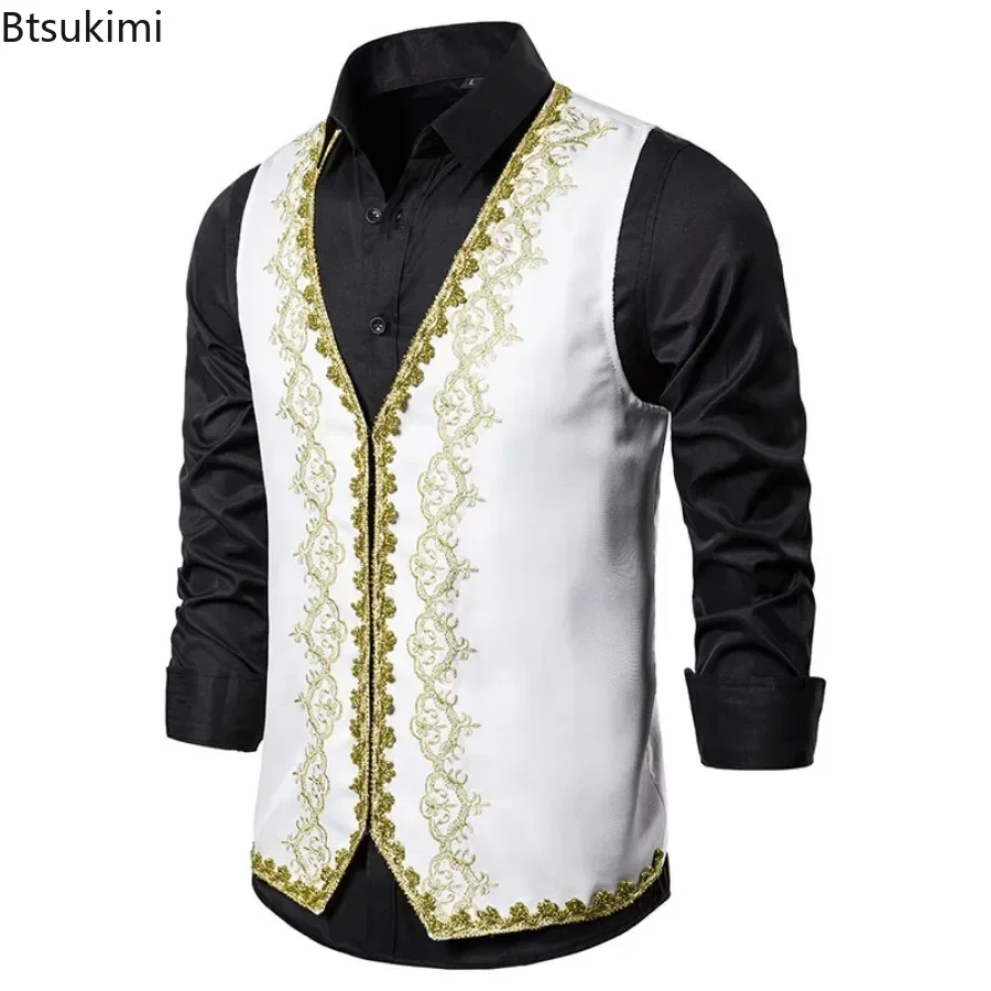 New Stylish Gold Embroidery Baroque Vests Men's Slim Palace Banquet Clothing Waistcoat Men Stage Prom Drama Opera Costume Gilet dress vests