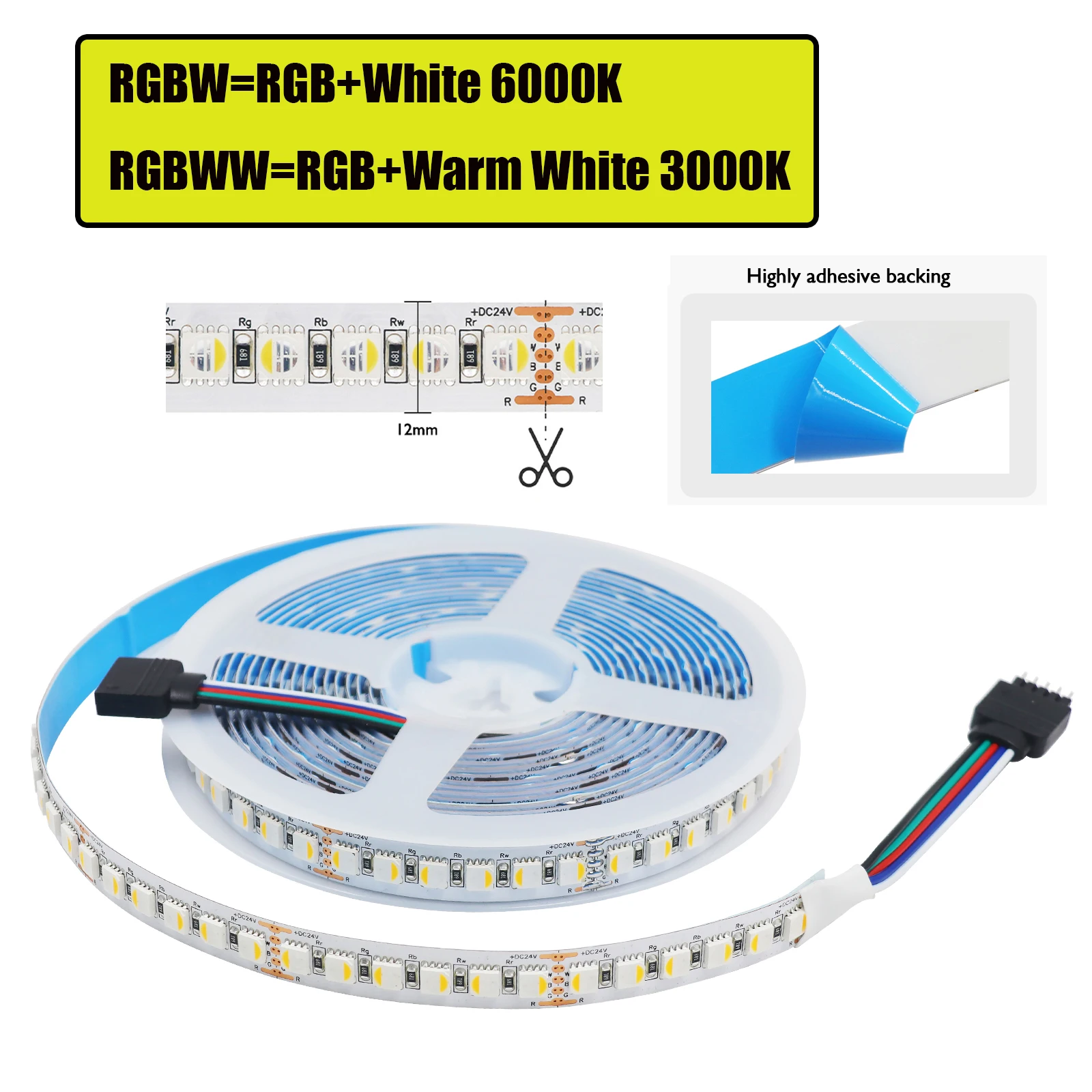 DC 12V 24V RGBW/RGBWW LED 스트립 라이트 4-in-1 칩 SMD 5050 108 120LEDs/M 유연한 로프 테이프 거실 침실 홈 데코용