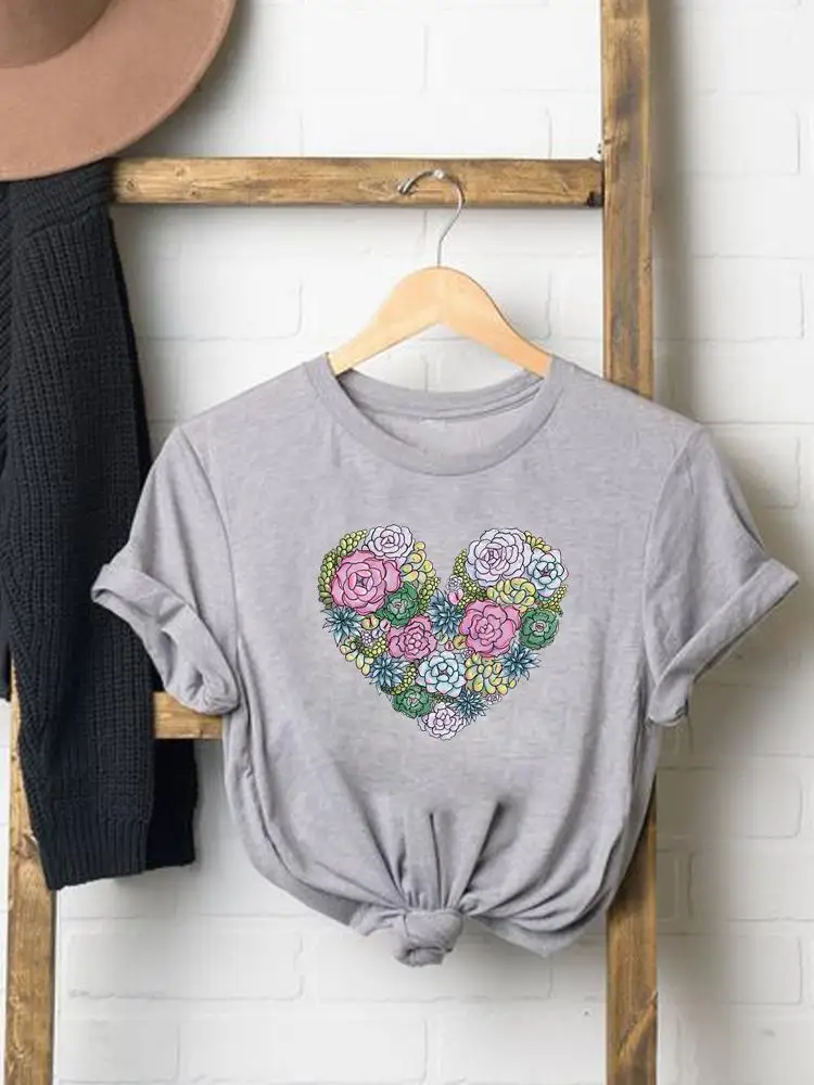 

Summer Clothes Fashion O-neck Tee Top Short Sleeve Flower Love Heart Trend Cute Graphic T-shirt Women Clothing Print T Shirt