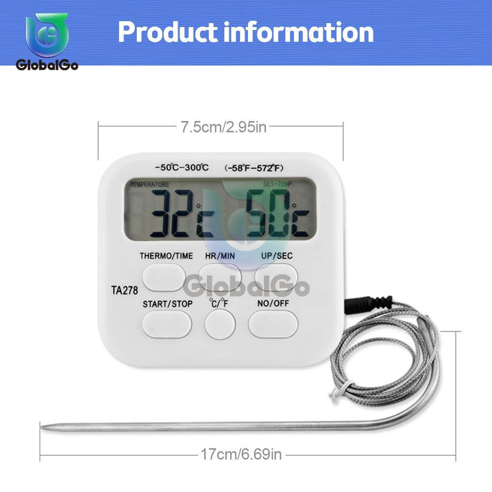 TA278 Digital Kitchen Thermometer Stainless Steel Probe Wireless Meat Thermometer Alarm Timer for Home Cooking Kitchen Barbecue 4