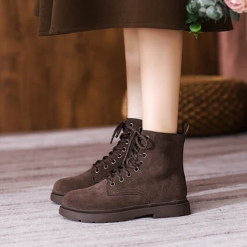 Womens Brown Suede Combat Boots Lace Up Round Toe Ankle Booties With Low Chunky Heel Comfortable Non Slip For Fall Winter Daily 1