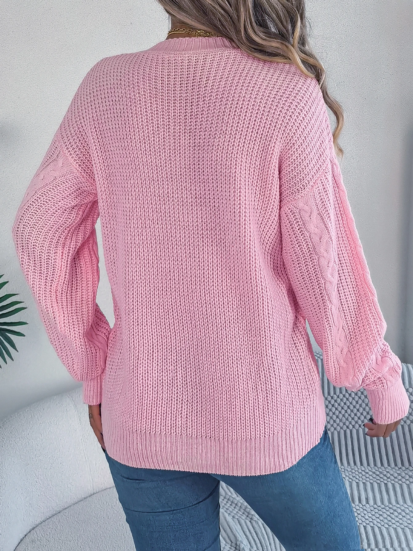 Pink V Neck Long Sleeve Knitted Cardigan for Women