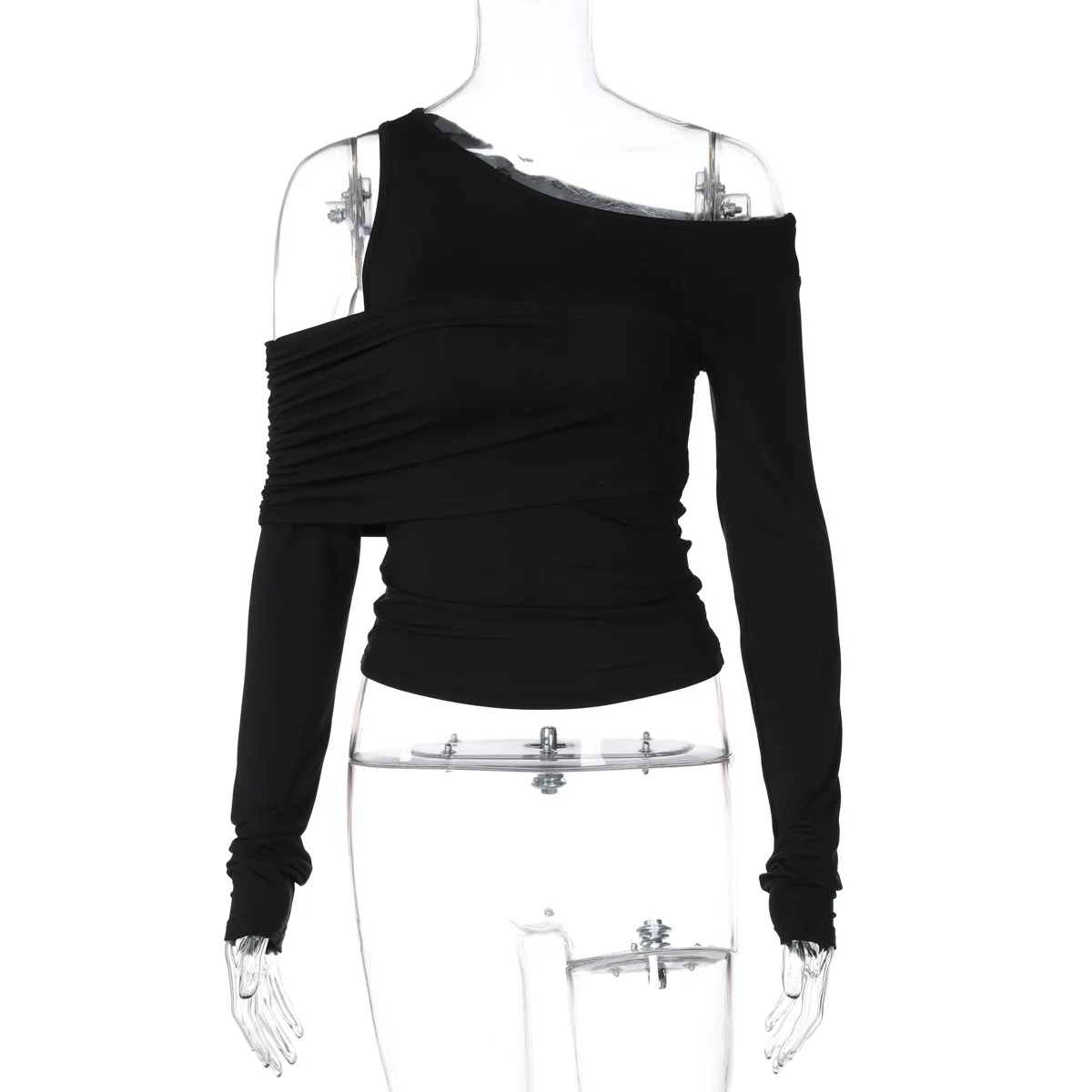 Black Off-Shoulder Long Sleeve T-shirt For Women High Waist Autumn Slim Fashion Pullover Top Ladies Solid Y2k Tee Top