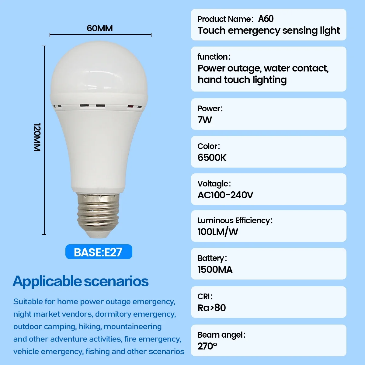 LED 충전식 전구 E27 7W 1500mAh 비상 전구 220V 110V 가정용 전원 야외 캠핑 실패 베란다 정원 램프