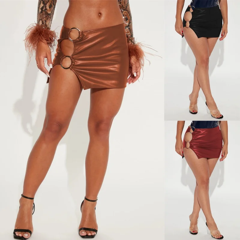 

Nightclubs Sexy Women's Skirt New Arrival Popular Hip Skirt PU Leather Metal Ring Sexy Miniskirt Slit Hemline Style