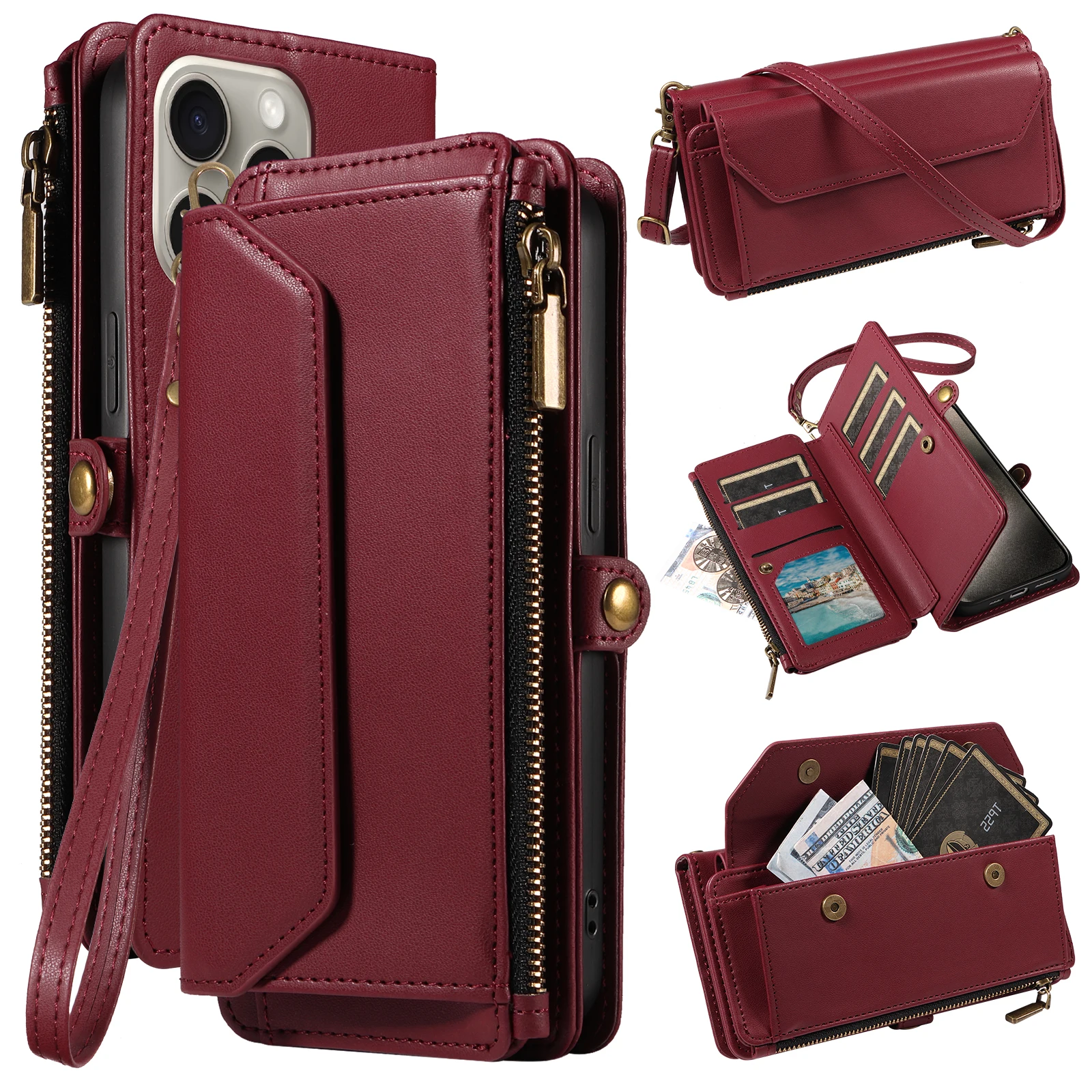 Deluxe Multi-Card Slot Wallet-Style Phone Case with Long and Short Straps, Protective Coin Pocket & Crossbody Strap, Anti-Drop Faux Leather Design