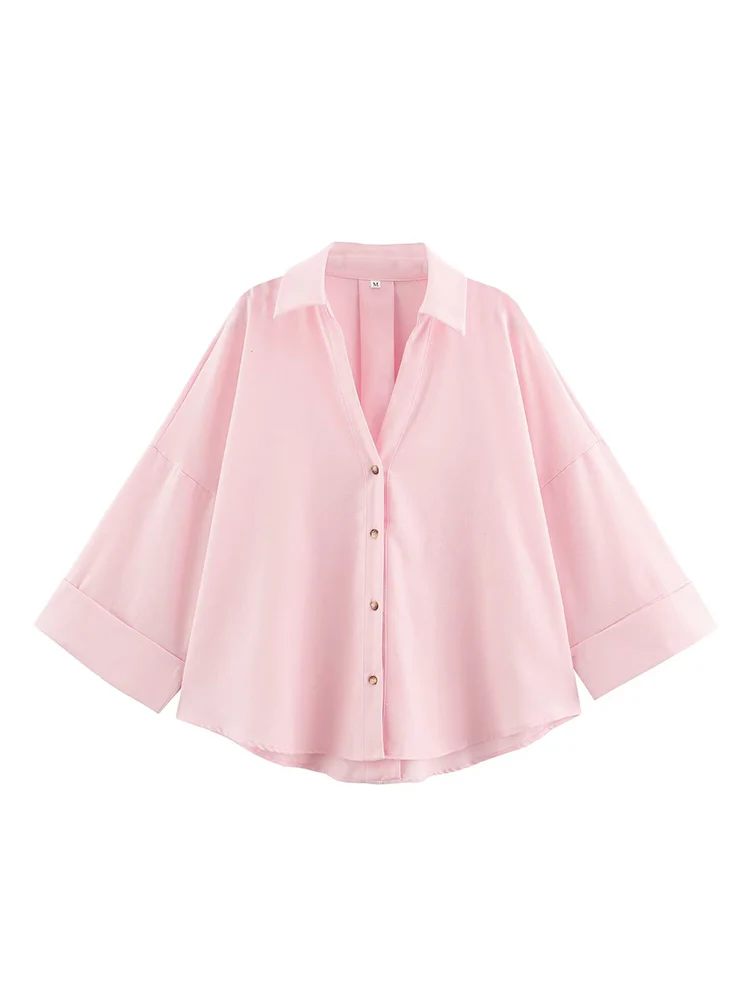 TFMLN New Women Casual Lapel Shirts Vintage Loose Long Sleeve Blouse V-neck Lady Oversized Tops Elegant Summer Chic Outfit