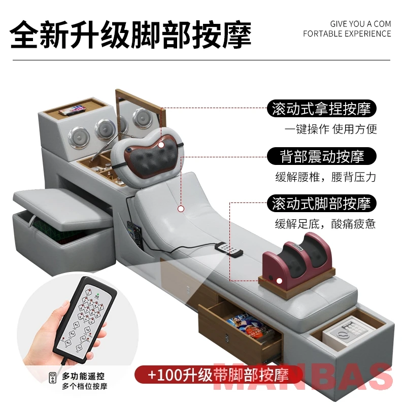 MINGDIBAO Tech Smart Bed-Genuine Leather Upholstery, Multifunctional Bed Frame, Massage, Speaker, Projector and Air Purifier
