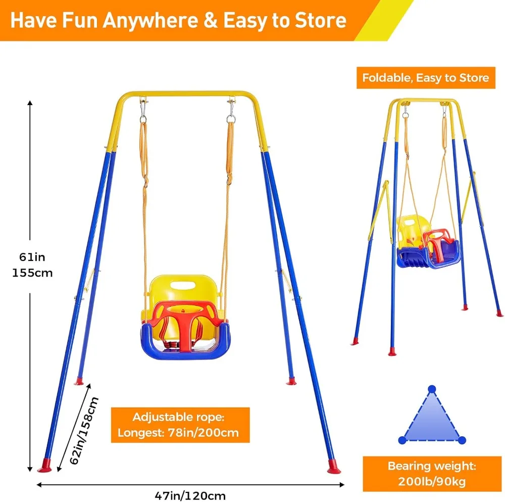 3-in-1 Toddler Swing Set with 4 Sandbags, Indoor/Outdoor Baby Swing with Foldable Metal Stand, Kids Swing Set Clear Instructions 2