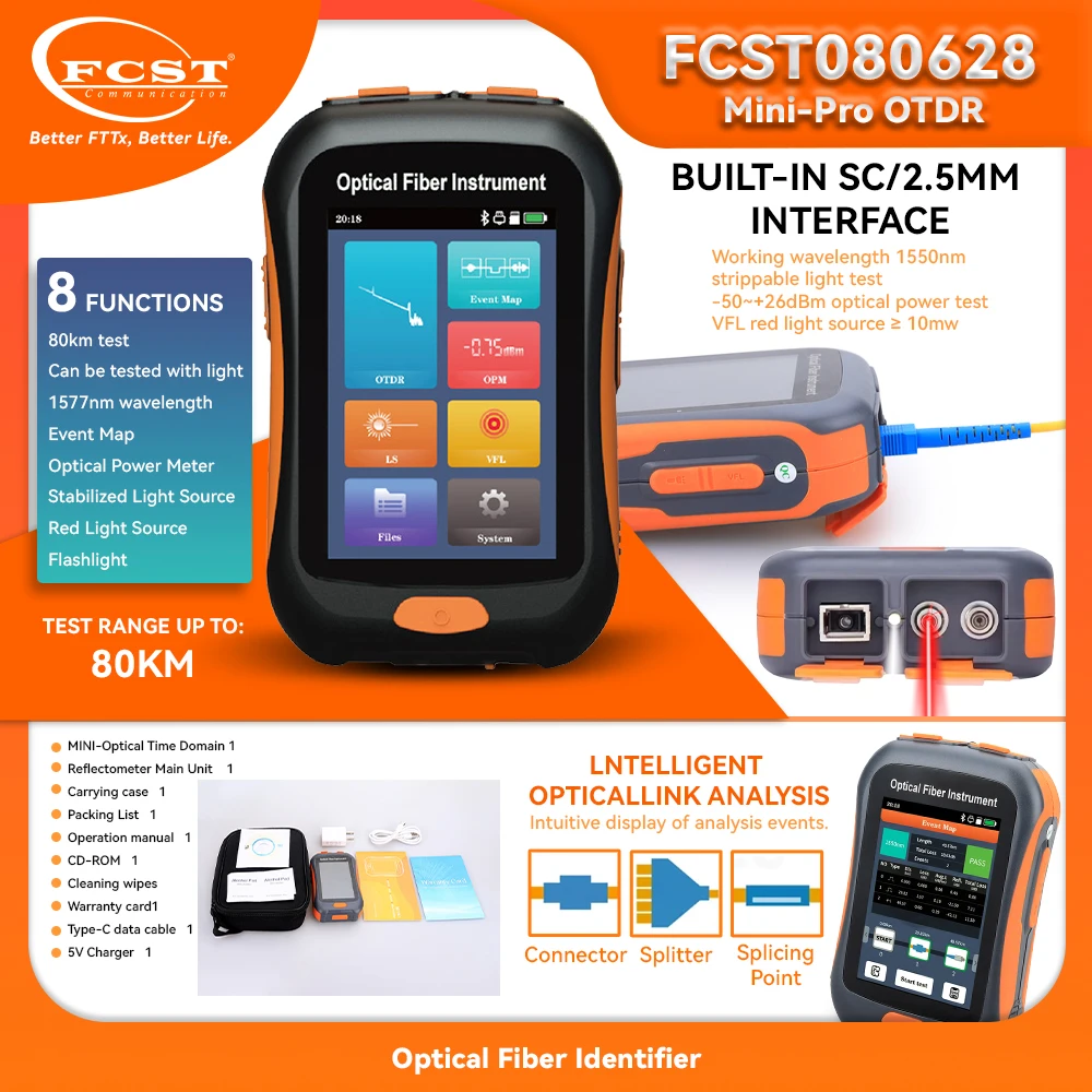 FCST Mini OTDR NK2800 5-IN-1 Active Fiber 1510nm Fiber Optic Reflectometer and VFL OLS OPM EventMap 20/22dB 60/80Km