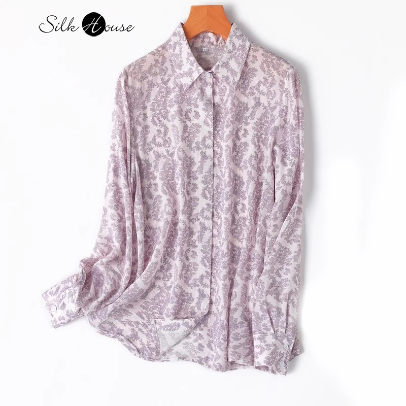 Beautiful Purple Print Breathable Skin Friendly 100% Natural Mulberry Silk Crepe De Chine Square Neck Long Sleeved Women's Shirt