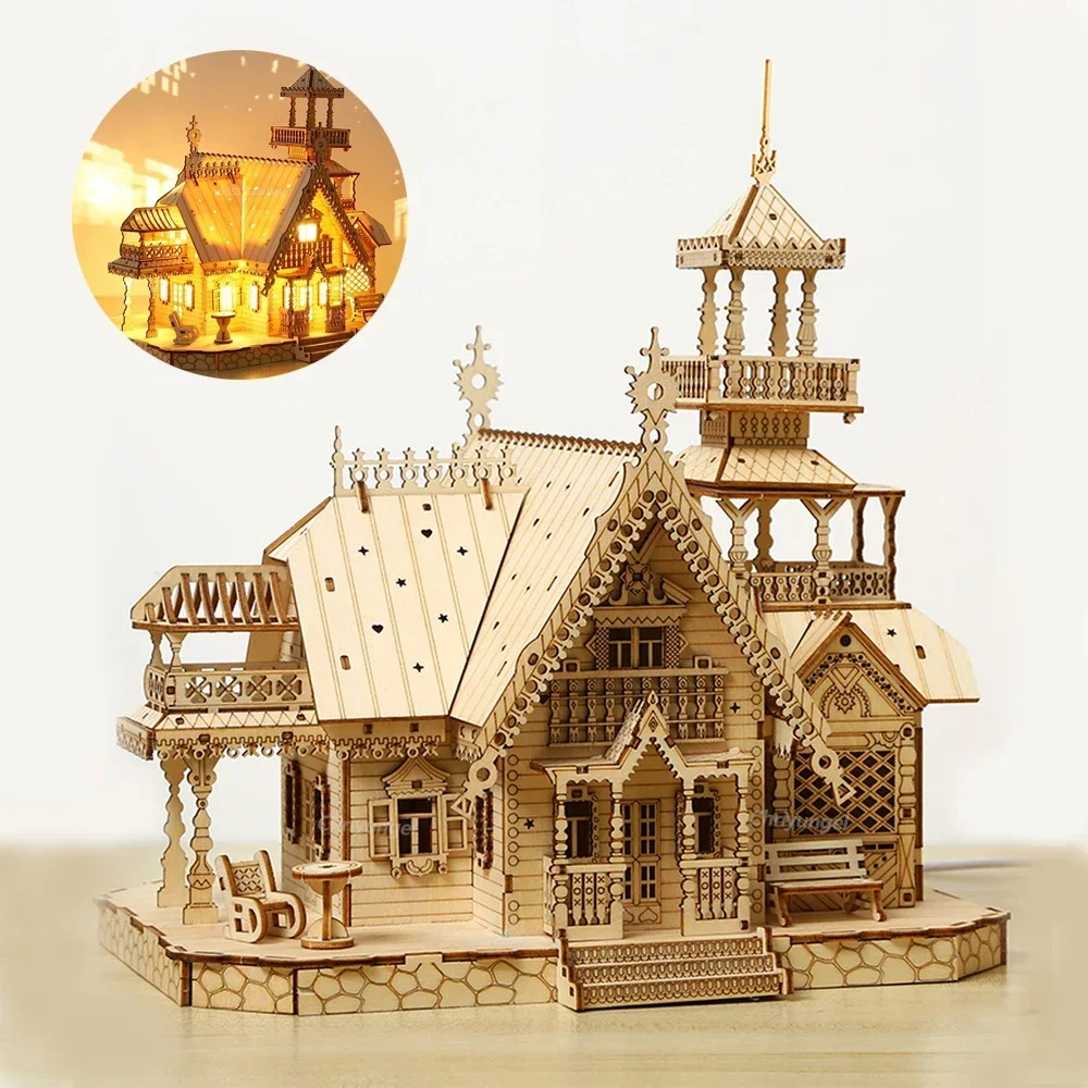 Wooden Model Kit DIY Villa 3D Wooden Model Kit with Light Castle Puzzles Assembly Toy Kid Adult Desk Decoration for Gift