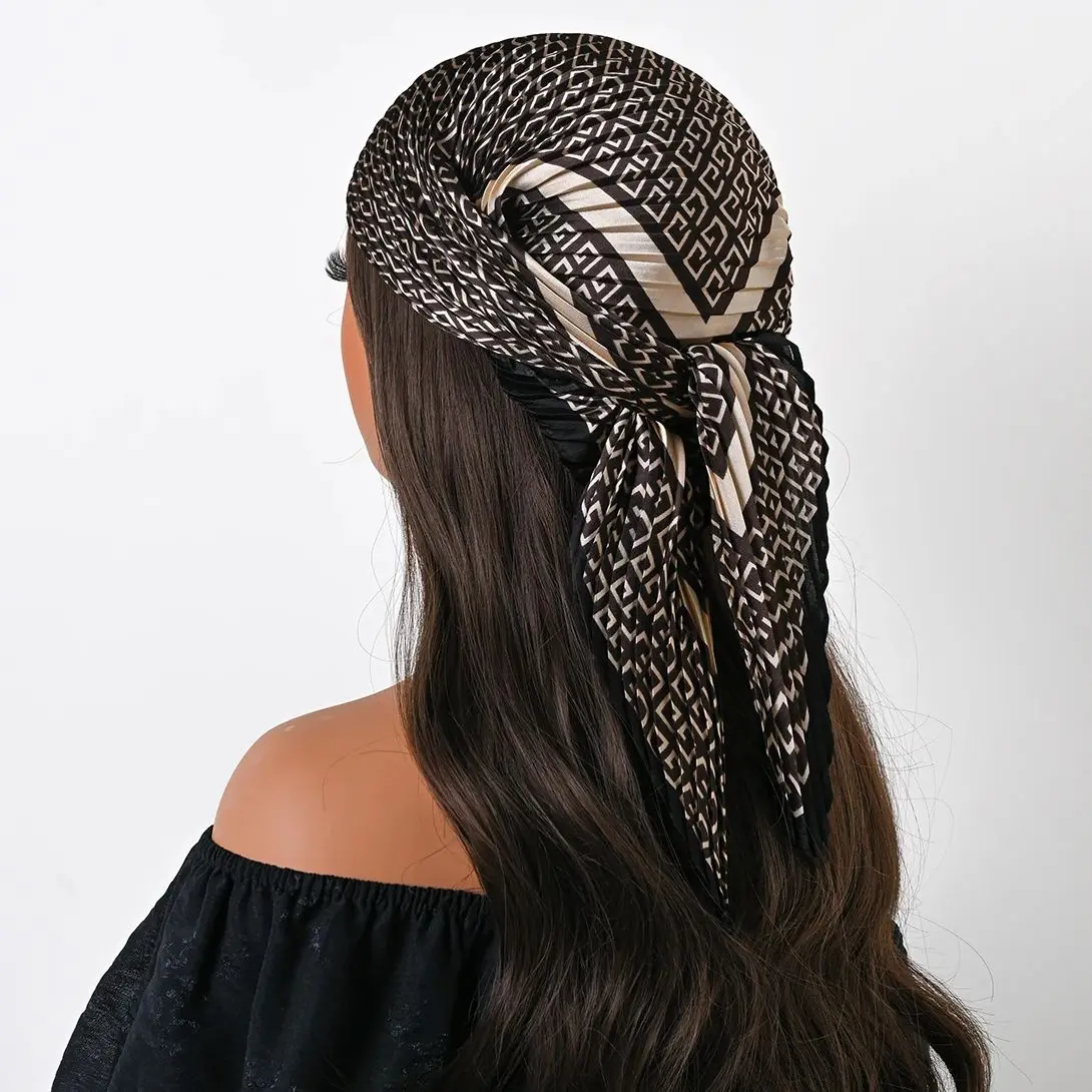 Four Seasons New 70cm Silk Pleated Scarf Print Small Scarves Square Scarf Satin Neckerchief Decorative Headscarf Bandana