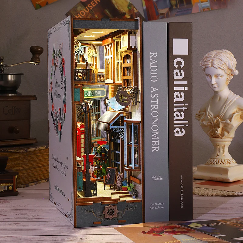 

Diy Wooden Book Nook Shelf Insert Building Kits Miniature Island Holiday Bookends Doll Houses Bookshelf Handmade Creative Gifts