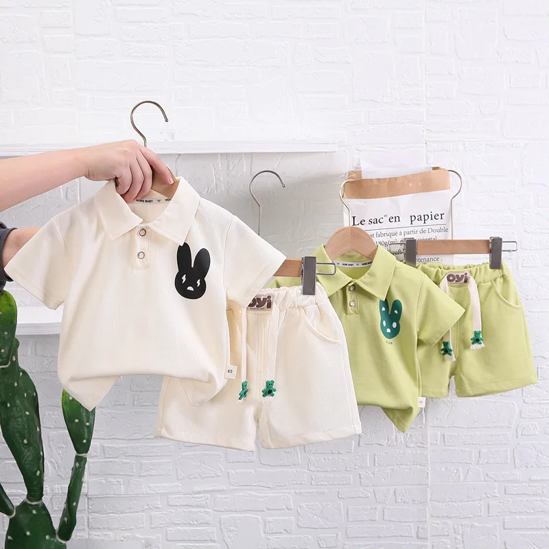 

2024 New Boys Summer Suit Children Cartoon Thin Short-sleeved Suit Yankee Lapel Polo Shirt Leisure Two-piece Set 0-4Y