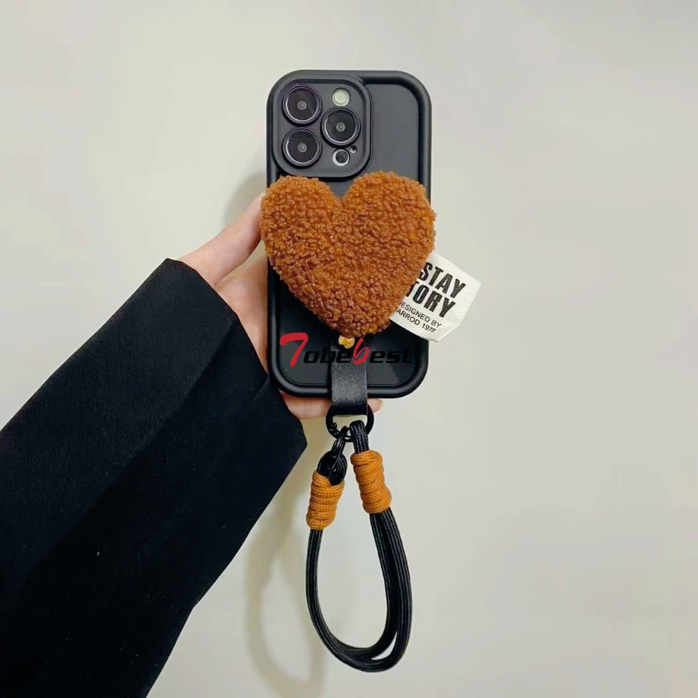 Brown Plush Love Heart Silicone Phone Case - Soft Protective Back Cover