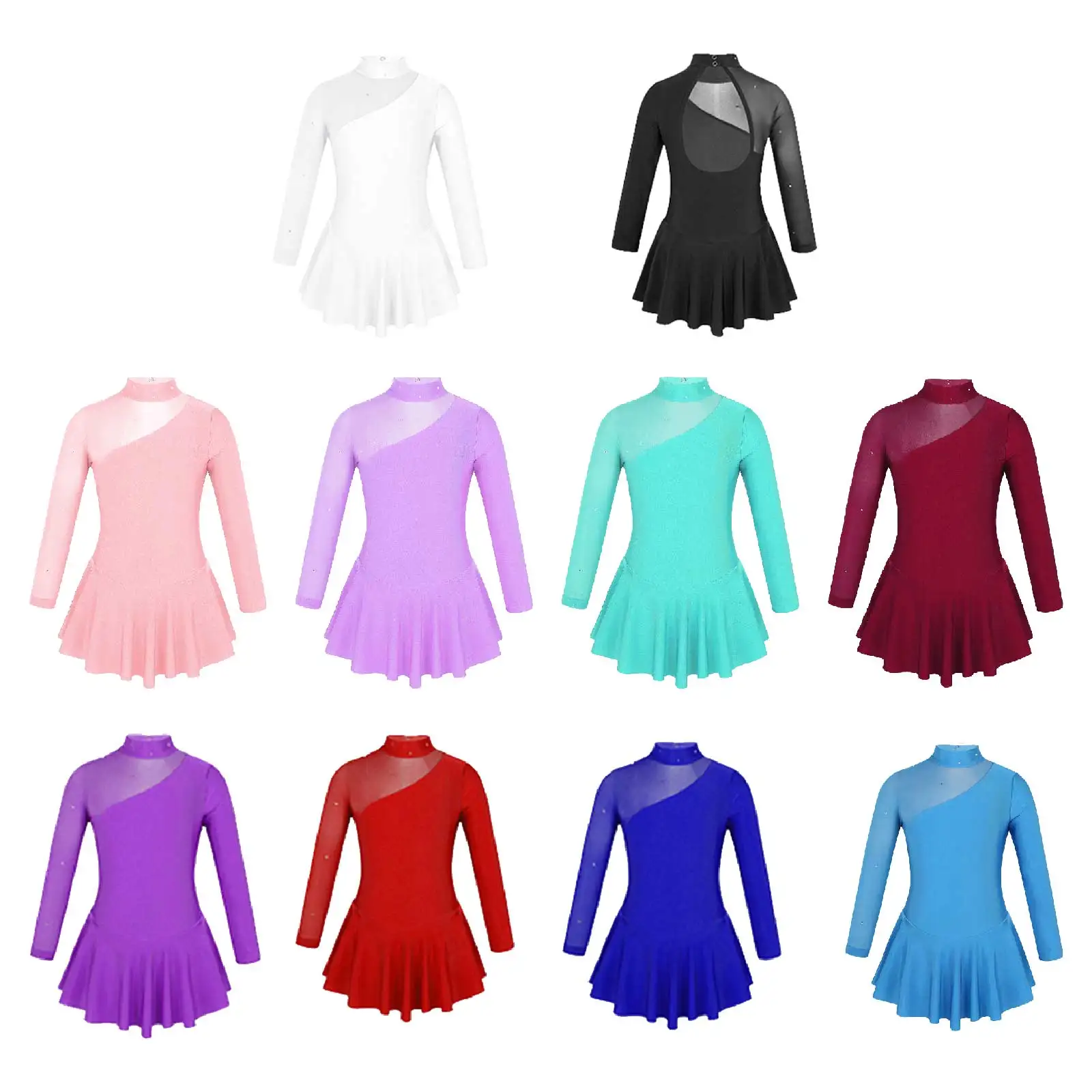 Kinder Mädchen Pailletten Gymnastic Eiskunstlauf Kleid Sheer Mesh Lange Ärmel Tüll Rock Trikots Kleid Leistung Kostüme – Detail 16