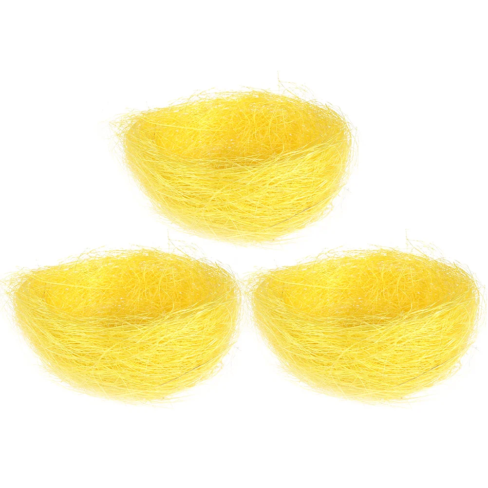 

3pcs Artificial Bird Nests Weaving Colored Thread Bird Nests Bird Breeding Nests Candies Eggs Photo Props Decoration ( Yellow )