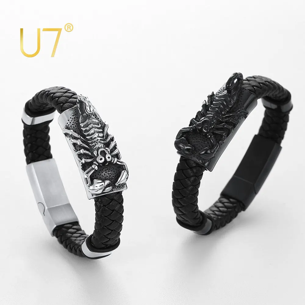 U7 Stainless Steel Animal Leather Bangle Bracelet for Man Cobra Elapid Scorpion Animal Charm Punk Laser Engrave Name ID Bracelet alloy ＆ stainless steel animal 1 35 car vent clip air freshener essential perfume oil diffuser locket jewelry packaging display