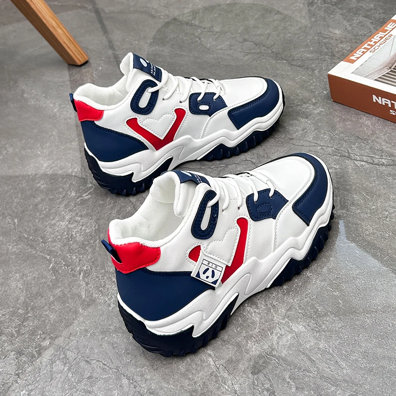 

Chunky Sneakers Women Winter Mesh Lace Up Mid Heels Round Toe Women Shoes Mixed Colors Platform Vulcanize Shoes Plus Size