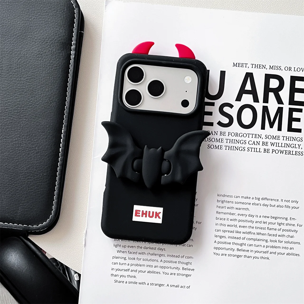 Cute 3D Cartoon Devil Bat Wings Phone Case with Bracket - Soft Cover