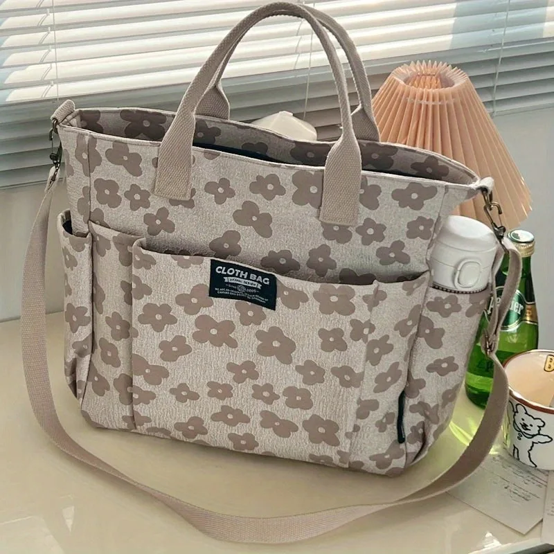 Classic Floral Canvas Tote Bag for Women Spacious Multi Pocket Design Shoulder Crossbody Bag Ideal for Daily Shopping Casual Use
