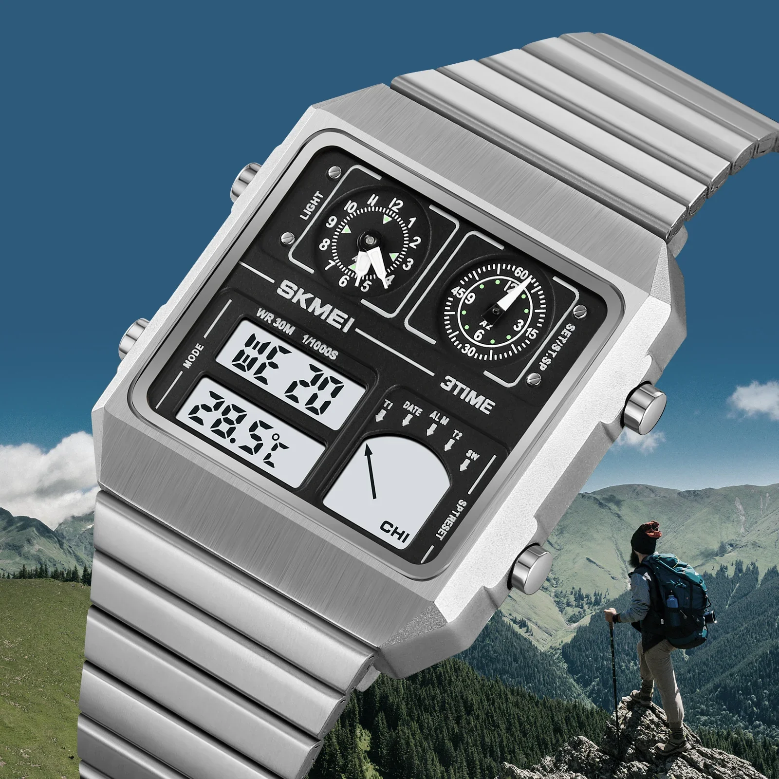 SKMEI 2198  StainlessSteel Thermometer Sports Watch Men's Leisure Business Electronic Watch LED Digital Watch Waterproof Digital 3