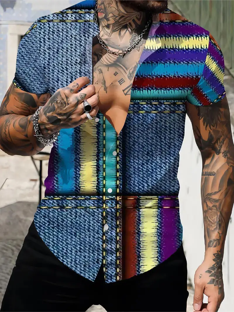 

Denim splicing Color block Pattern Print Men's Shirts 3D Fashion Short Sleeve Lapel Button Shirt Summer Beach Hawaii Style Shirt