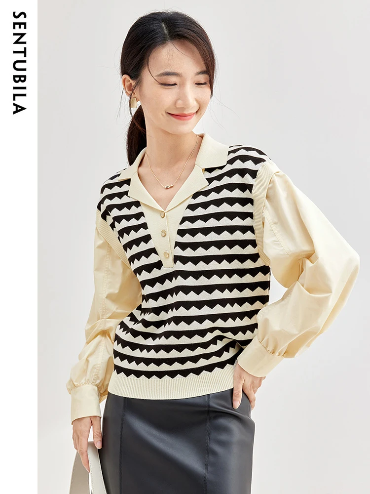 SENTUBILA 2 In 1 Shirt Women 2024 Spring Patchwork Knitted Long Sleeve Blouse Female Fashion Lady Fake Two Pieces Tops W33C52236