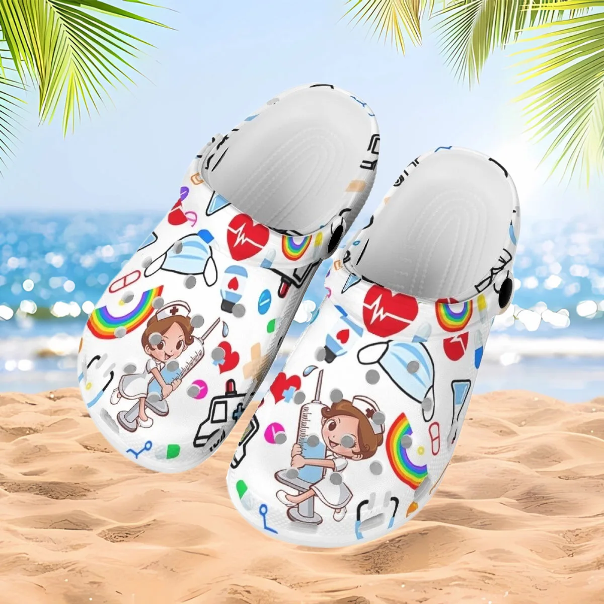 

INSTANTARTS 2023 Nuse Clogs Lovely Nurse Girls Print Medical ECG Pattern Women's Garden Slippers Light Size 36-48 Slides Sandals